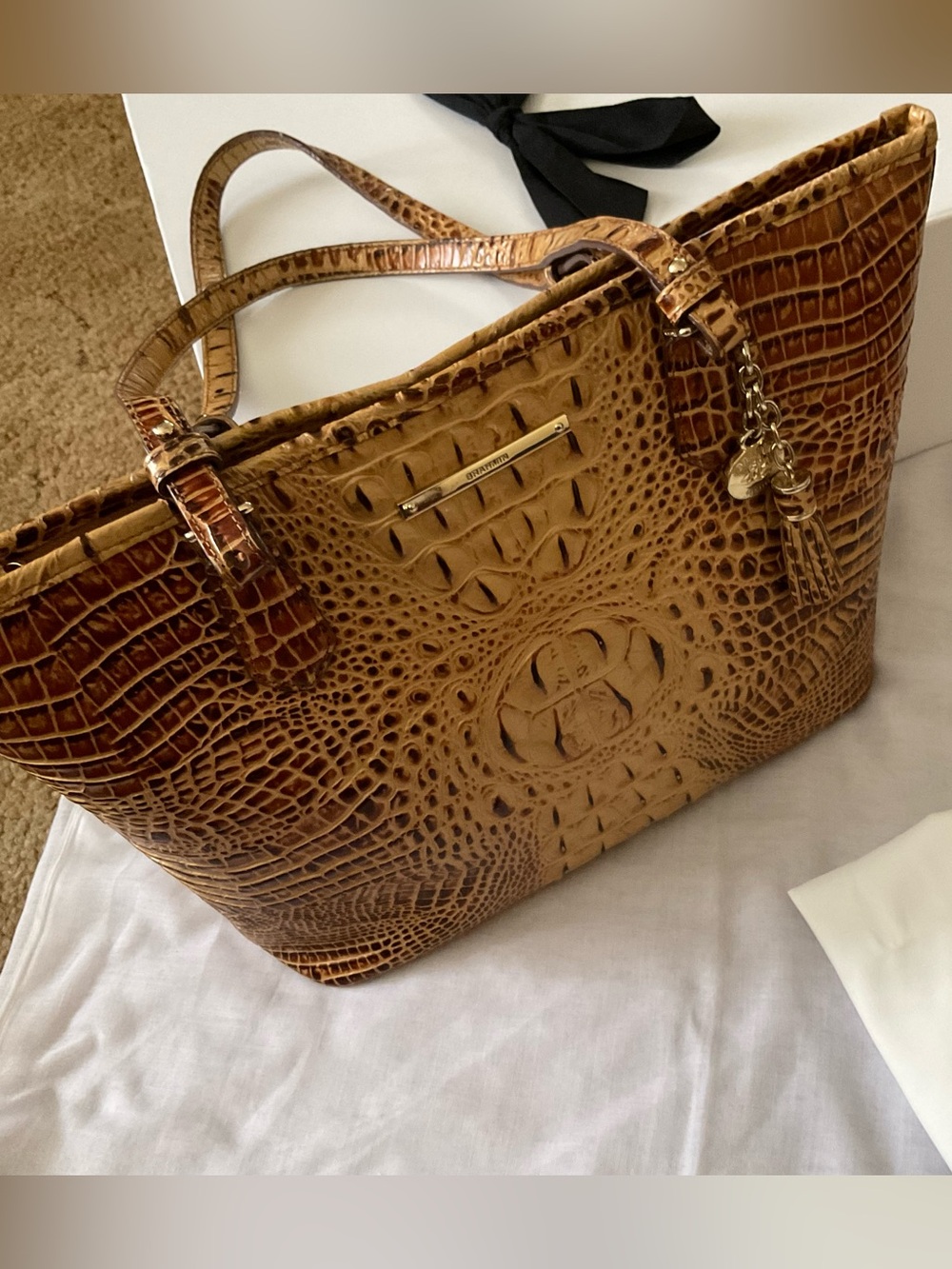Beautiful Brahmin Toasted Almond Medium Asher Croc-Embossed Tan Tote Bag!